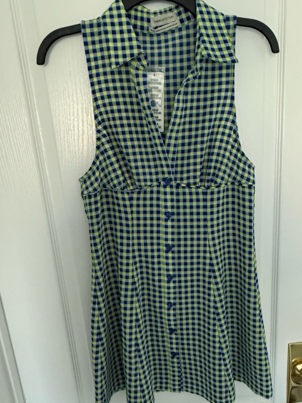 Urban Outfitters Green & Navy Gingham Sleeveless Button Skater Dress